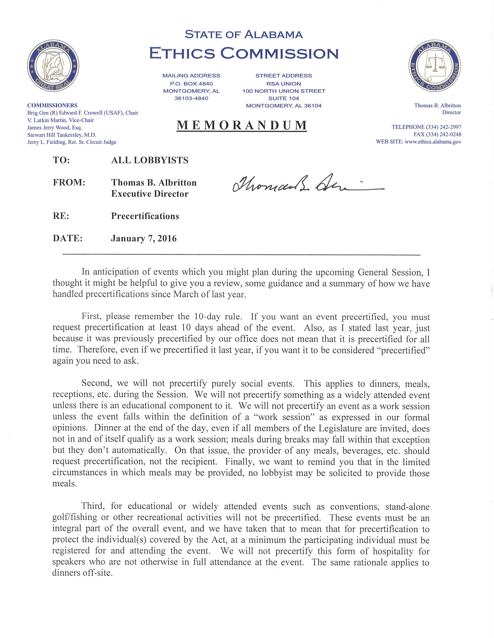 Pre-certification Memo from Ethics Director | Jan. 7, 2016